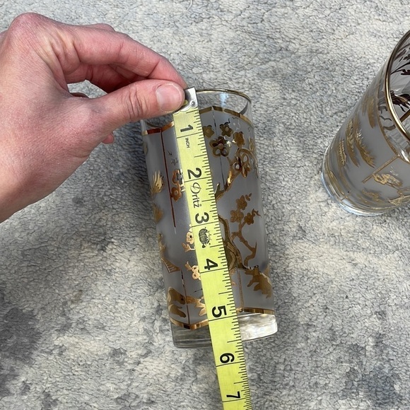 Asian Gold Leaf Frosted High Ball Glasses Pagoda Lotus Tree Cocktail Set of 2 - Picture 8 of 9